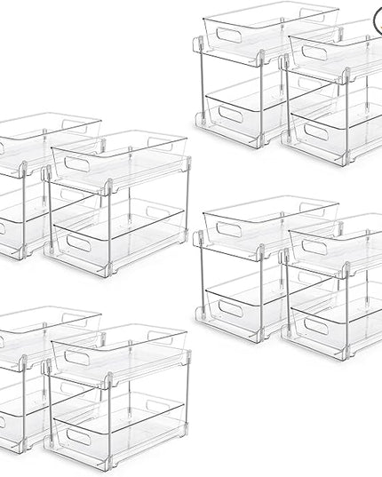 Vtopmart 8 Pack Bathroom Organizer, 2 Tier Clear Under Sink Organizers Vanity Countertop Storage Container,Cabinet Drawers Bins, Pull-Out Organization with Track for Pantry, Kitchen