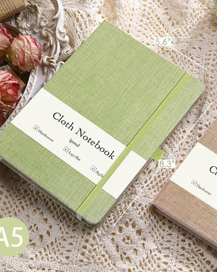 ipoul A5 Notebook, Linen Journal, 8x6, Lined Page, Journal for Writing, Hardcover, Lay Flat, Elastic Closure & Pen Loop, Green
