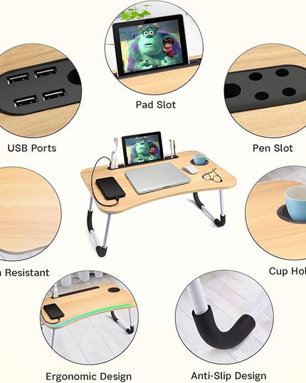 Slendor Lap Desk with Cup Holder, Foldable Laptop Table for Bed, Portable Bed Desk for Laptop and Writing, Computer Tray with Tablet Slot, Notebook Stand Reading Holder for Couch Sofa Floor,Walnut