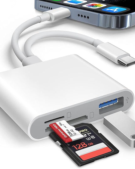 SD Card Reader for iPhone iPad Built-in Dual Cords (Lightening, USB-C) Card Reader with SD MicroSD USB-A 3 Slots Trail Camera Memory Card Viewer Portable No App Required Plug and Play - White