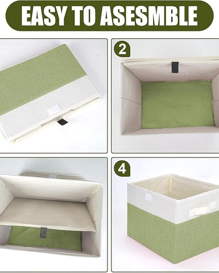 Large 22 Quart Linen Fabric Foldable Storage Bin Cube Organizer Basket with Flip-Top Lid & Handles, Clothes Blanket Box for Home, Office, Closet, Green & White, 4 Pack 14.6 x 9.5 x 9.5