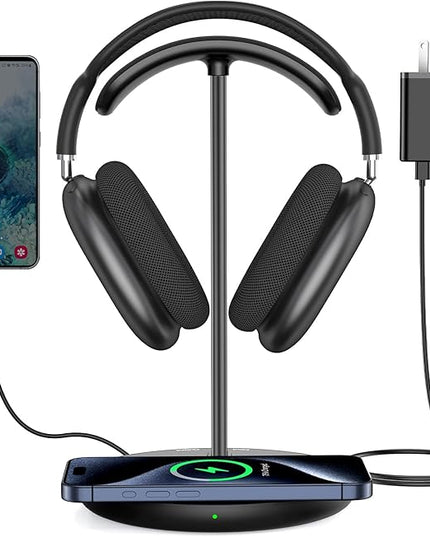 Miroddi Headphone Stand with Wireless Charger, Independent USB Charging Port, 5 in 1 Charging Station Headset Holder Rack for AirPods Max/Pro/4/3/2, iWatch, iPhone, Samsung and Desk Headphones, Black