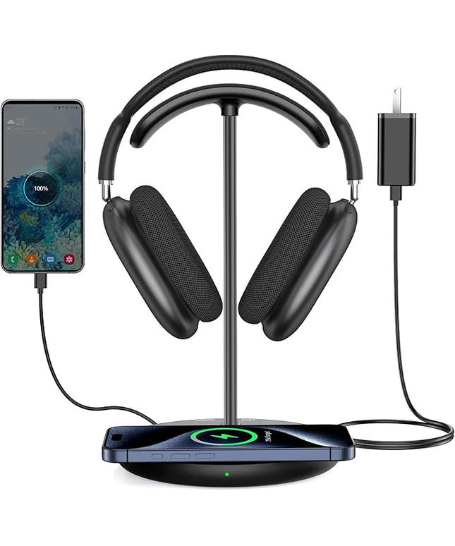 Miroddi Headphone Stand with Wireless Charger, Independent USB Charging Port, 5 in 1 Charging Station Headset Holder Rack for AirPods Max/Pro/4/3/2, iWatch, iPhone, Samsung and Desk Headphones, Black