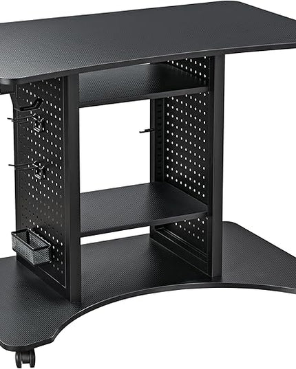 EUREKA ERGONOMIC Gaming Desk Computer, 37" Rolling Desk on Wheels for Small Space, Mobile Computer Cart with Pegboards Adjustable Shelves for Gaming PS Switch Home Office - Black