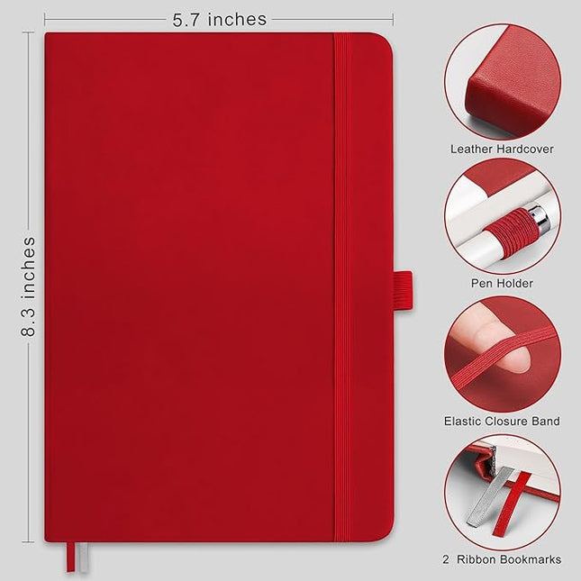 RETTACY Lined Journal Notebook, 192 Numbered Pages, A5 Medium Size (5.7'' x 8.3''), for Men & Women, Journaling, Writing, Work & Office, Leather Hardcover, 100 GSM Thick Paper (Red)