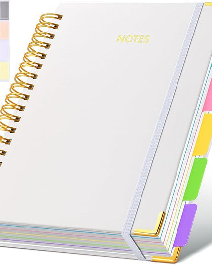 Hardcover Spiral Notebook Journal with Removable Dividers Tabs, 300 Pages Leather 5 Subject Notebook College Ruled, 8"x10" Large Notebooks for Work School Note taking, Lined Journal for Women, White