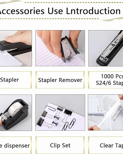 Office Supplies,Desk Accessories, Stapler and Tape Dispenser Set for Women with Stapler, Tape Dispenser, Staple Remover, Staples, Clips, Scissor and Tabs,Gift for Students, Coworkers