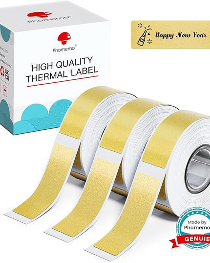 Phomemo D30 Label Tape, for D30 D35 Q30 Q30S Q31 Q32 Label Maker, Black on Glitter Transparent Gold Sticker Thermal Paper Self-Adhesive, 14mm x 40mm (1/2" x11/2) 160 Tapes/Roll, 3 Rolls