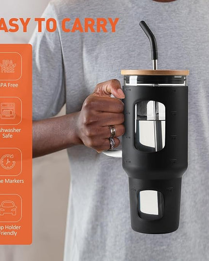 Glass Tumbler with Straw and Lid, 40 oz glass cup with handle, Glass Water Bottles with Time Marker, Silicone Protective Sleeve-Black
