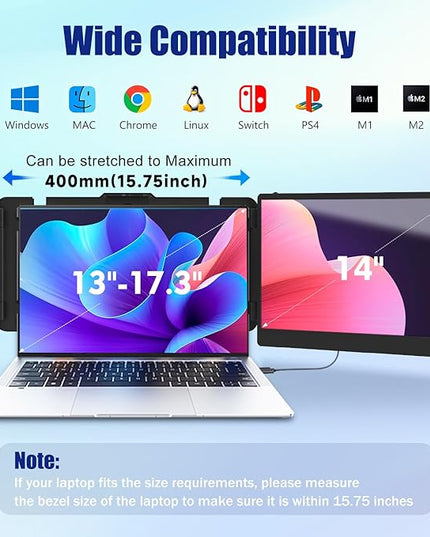 KEFEYA Laptop Screen Extender, 14" FHD 1080P IPS Laptop Monitor Extender Dual Screen, Portable Monitor for Laptops 13-17" with USB-C/HDMI Port, Plug n Play for Windows/Mac/Android/Switch/PS5
