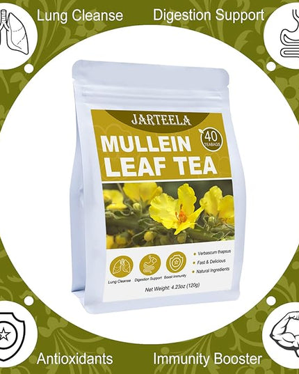 Jarteela - Mullein Leaf Tea Bags - 3g/Bag X 40 - Premium Compressed Dried Mullein Herbs For Easily Extracting & Great Flavor - Non-GMO - Caffeine-free