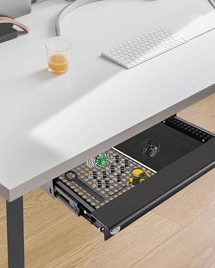 18.9" Under Desk Storage Drawer with Holes, Locking Design Black Sliding Pull-Out Drawer for Sit Stand Workstation