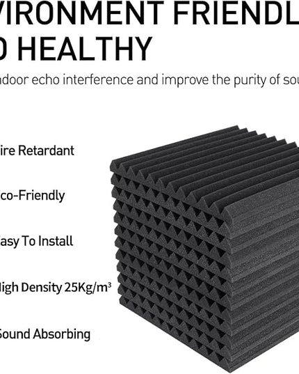 Focusound 52 Pack Black GreyAcoustic Foam Panels 1" x 12" x 12" Sound Proof Foam Panles Soundproofing Noise Cancelling Wedge Panels for Home Office Recoding Studio with 300PCS Double-Side Adhesive