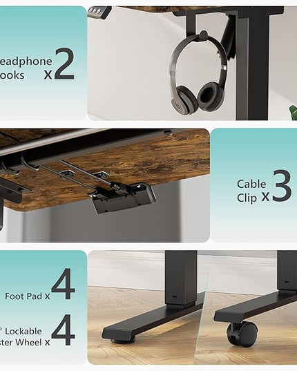 63 x 28 inch Electric Standing Desk Adjustable Height with 4 Wheels, 4 Memory Height Settings, 2 Headphone Hook, for Home Office, Splice Board Brown