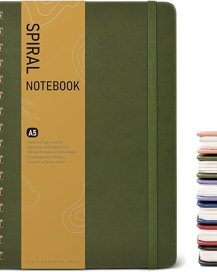 Graph Spiral Journal Notebook, A5 Hardcover Spiral Journals for Women Men, 100 GSM Graph Paper Notebooks, 150 Pages Spiral Bound Grid Notebook for Writing Note Taking Work 5.75" x 8.38" Olive Green
