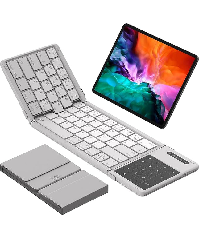 Nillkin Foldable Bluetooth Keyboard with Touchpad & Number Pad, Portable Bluetooth Keyboard with Full Size Keys, Pocket-Sized Wireless Travel Keyboards for iPad, Smartphone, Tablet and Laptop Gray