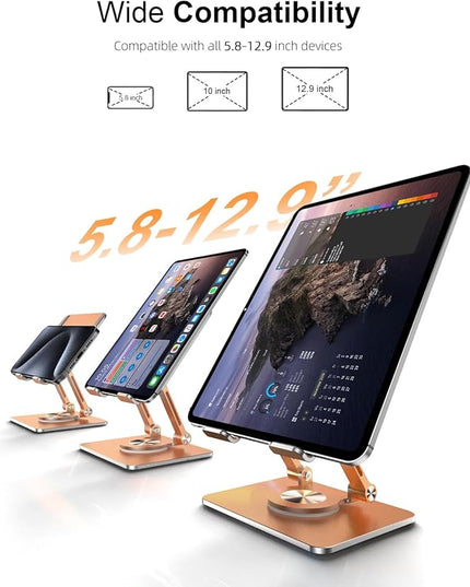 Tablet Stand Holder with Thickened 360°Rotating Base Dual Rod Adjustable Aluminum Stand for All 5.8-12.9” iPad Samsung Phone Tablet Kindle E-Reader and More, Gold
