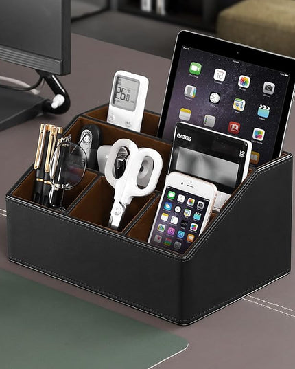 MEIBOOCH PU Leather Desk Organizer, Luxury Remote Control Holder for Home, Office Desk Accessories Table Caddy Bedside Nightstand Organizer (Black)