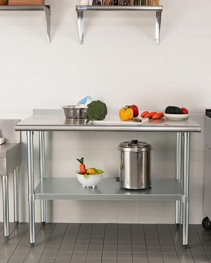HARDURA Stainless Steel Prep & Work Table 30 x 48 Inches NSF Heavy Duty Commercial with Undershelf and Backsplash, Galvanized Legs for Commercial Food Prep
