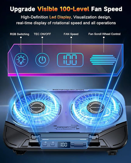 2026 Upgraded Laptop Cooling Pad with Dual TEC Cooler, Gaming Laptop Cooler, 2 Powerful Turbo Fans, Fast Cooling Laptop 12-21in, 5 Height Stands, 100 Gear Speed Adjust, LCD Screen, RGB, Phone Holder