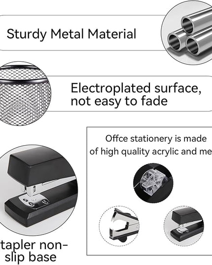 Black Desk Accessories, Office Supplies Set with Stapler, Tape Dispenser, Staple Remover, Pen Holder, Scissor, Binder/Paper Clips, Ballpoint Pen, Clear Tape and 1000pcs Staples