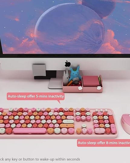 KOOTOP Cute Pink Wireless Keyboard and Mouse, 2.4G Retro Round Keycap for PC, Mac, Laptop, Tablet, Computer Windows