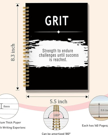 Grit Quotes Notebook Journal, Inspirational Office Notebooks for Work, Motivational Gifts for Women Men, Gifts for Office Coworkers, Black Hardcover Spiral Notebook 5.5x8.3