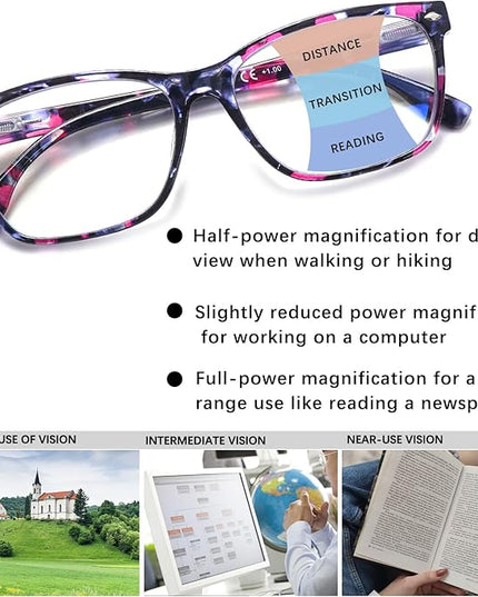 CLASAGA Progressive Multifocus Reading Glasses for Women, Pattern Print Blue Light Block Stylish Ladies Computer Readers