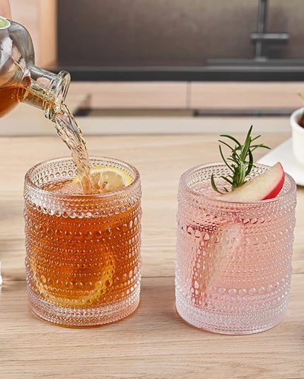 Vintage Glassware Drinking Glasses Set of 6,12 oz Hobnail Glass Cups,Embossed Clear Water Tumbler,for Beer,Cocktail,Whiskey,Juice and Various Mixed Drinks- 1 Cleaning Brush