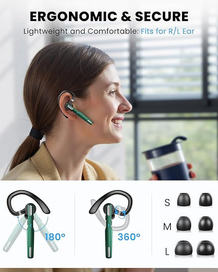 ICOMTOFIT Bluetooth Headset, Wireless Bluetooth Earpiece V5.0 Hands-Free Earphones with Built-in Mic for Driving/Business/Office, Compatible with iPhone and Android (Green)