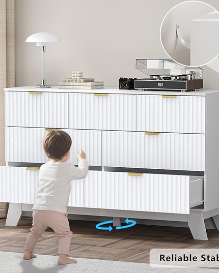 BORNOON Fluted 7 Drawer Dresser, 47.2" Wide Modern Boho Chest of Drawers, Wooden Storage Dresser TV Stand for Bedroom, Living Room, Closet, Hallway, Curved Profile Design