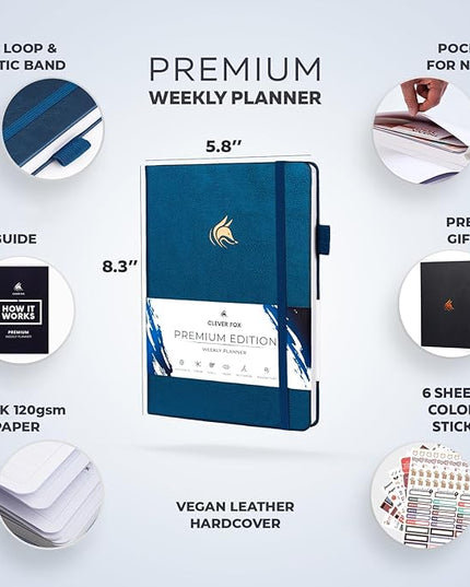 Clever Fox Planner Premium Edition – Undated Luxurious Weekly & Monthly Planner to Increase Productivity and Hit Your Goals – Organizer – Start Anytime, A5, Lasts 1 Year, Mystic Blue (Weekly)