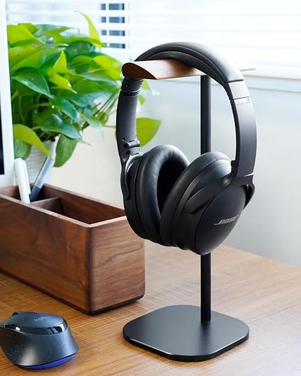 GEVO Headphone Stand for Desk, Walnut Wood & Aluminum Headset Stand, Universal Walnut Gaming Headset Holder with Solid Heavy Base for AirPod Max, Bose, Sony All Headphone Sizes (Square Base)