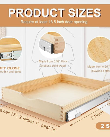 Menkxi 2 Set Pull out Tray Cabinet Organizer Wooden Pull Drawers storage Slide out Pantry Shelf for Base Cabinet Kitchen Gentle Close Fully Assembled Accessories(Wood Color,18'' X 21'' X 3'')