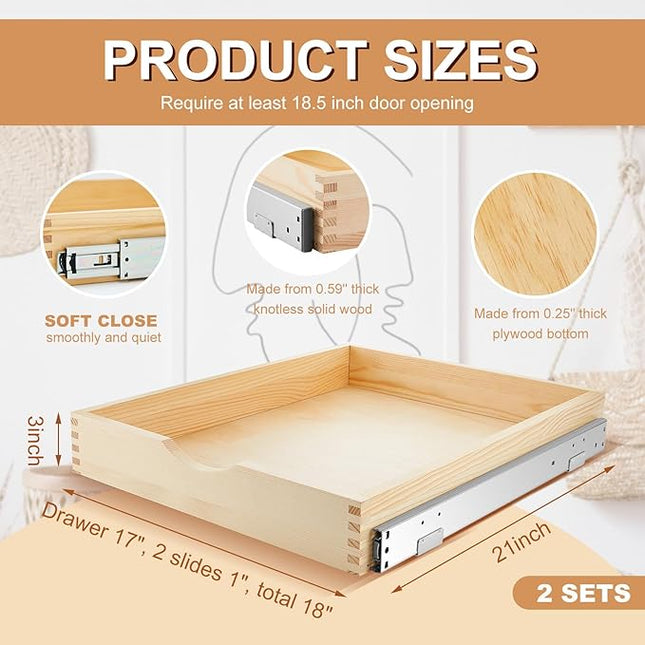 Menkxi 2 Set Pull out Tray Cabinet Organizer Wooden Pull Drawers storage Slide out Pantry Shelf for Base Cabinet Kitchen Gentle Close Fully Assembled Accessories(Wood Color,18'' X 21'' X 3'')