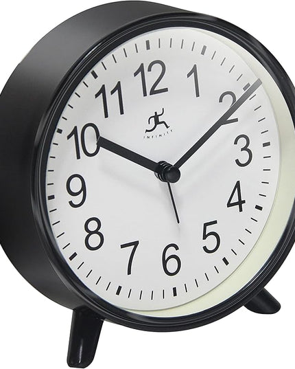 Infinity Instruments Plastic 5.75" Indoor Tabletop Alarm Clock with Quartz Movement for Accurate Time Keeping, Black