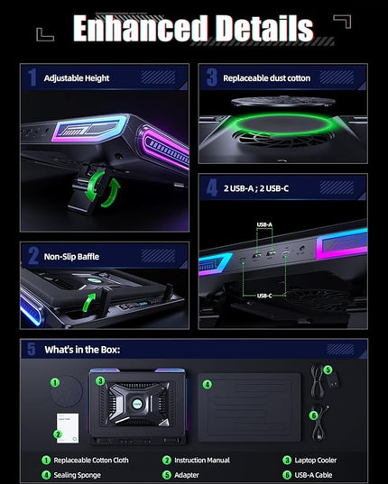 llano V10 Gaming Laptop Cooling Pad, RGB Laptop Cooler Stand with Powerful 4.72 Inch External Turbo Cooling Fan, Fast Cooling Computer 13-17.3in, Button Control, 3 Adjustable Stand, 4-Port USB C&A