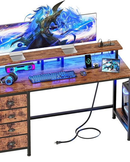 Furologee 55 Inch Computer Desk Gaming with 4 Fabric Drawers with Power Outlets and LED Lights for Home Office with Full Monitor Stand and Shelf Study Table for Small Spaces Rustic Brown