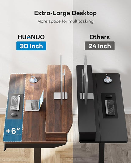 HUANUO 55 x 30 inch Electric Standing Desk with Wood Drawers, Adjustable Height Sit Stand Home Office Desk with Two Tiers, Ergonomic Adjustable Stand up Desk C-Clamp Monitor Mount Compatible, Walnut