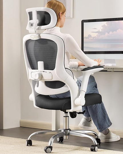 Ergonomic Office Chair - Computer Desk Chair with Adjustable Lumbar Support - 400lbs Executive Desk Chair High Back with Headrest Flip-Up Arms for Long Hours, Rolling Chair (White Black)