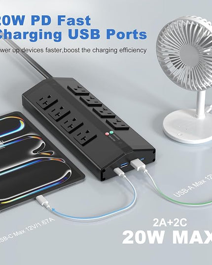 JUNNUJ Heavy Duty Power Strip with 8 Outlets and 4 USB Ports, Metal Wall Mount Surge Protector with 20 Amp 12 Gauge 6 FT Extension Cord for Garage, Industrial, Shop, ETL Listed