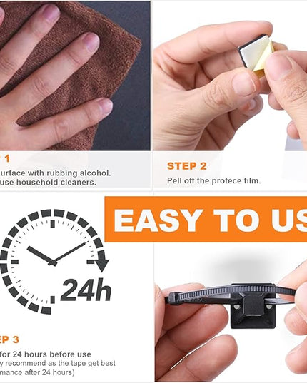100 Pack 1.1 inch Zip Tie Adhesive Mounts Self Adhesive Cable Tie Base Holders with Multi-Purpose Tie wire clips with screw hole,Anchor stick on wire holder with 8 inch zip ties（Black）