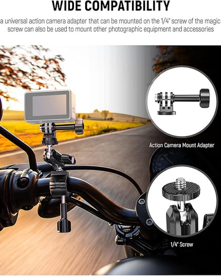 Neewer Action Camera Pole Mount with Two 360° Ball Heads 1/4" Screw Action Camera Adapter, Holder Clamp for Motorcycle Bike Handlebar, Compatible with GoPro Hero13 12 11 10 9 Max360 Insta360 DJI Osmo