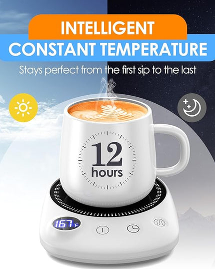 KitchekShop Coffee Mug Warmer - Fastest Heating & Highest Temperature, Coffee Cup Warmer for Desk Auto Shut Off, 4 Temp Settings & 1-12H Timer, Smart Electric Beverage Warmer for Coffee Candle (White)