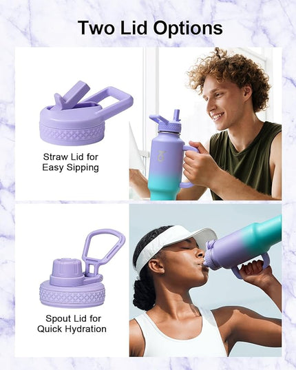 Trebo 40 oz Water Bottle Insulated Fit Car Cup Holder with Handle, Stainless Steel Water Bottles Tumbler with Spout Straw Lids, Double Wall Travel Reusable Flask, Leakproof Mug,Keep Cold &Hot,Purple