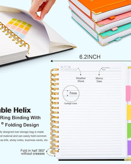 Hardcover Spiral Notebook 6.2"x 8.2" Journal Notebook with Tabs and Removable Dividers 300 Pages 5 Subject Notebook College Ruled, Faux Leather Spiral Bound Notebook for Women School Work (Black)