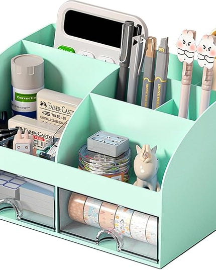 COMFYROOM Desk Organizer with 6 Compartments and 2 Drawers, Plastic Makeup Organizer, Pen Holder for Desktop Storage, Desk Organization for School, Home, Office Supplies (Mint Green)