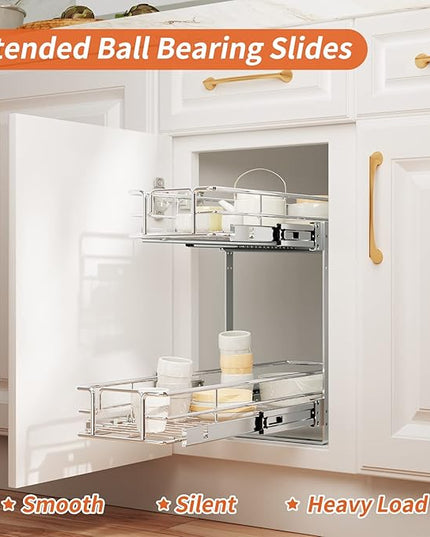 ROOMTEC Individual Pull Out Cabinet Organizer (9" W x 21½" D), 2 Tier Spice Rack Organizer for Cabinet, Slide Out Drawer Pantry Shelf Organization and Storage for Kitchen Bathroom