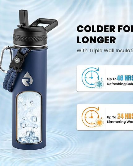 Insulated Water Bottle 20 oz, Triple Wall Vacuum Stainless Steel (Cold for 48 Hrs), Leak Proof & Non-BPA, Kids Water Bottle Jug for School with Straw Spout Lids, Navy Blue