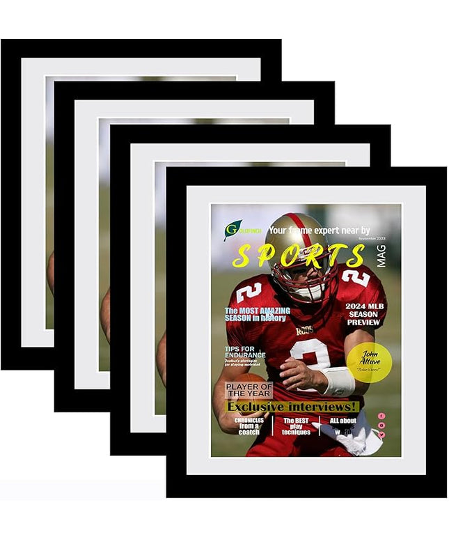 Goldfinch 4 Packs Sports Magazine Frames Displays Magazines Measuring 8 x 10.5 inches with White Core Matting,Suitable for 1994-Current Collector's Edition Sports Magazines with Installed Hangers